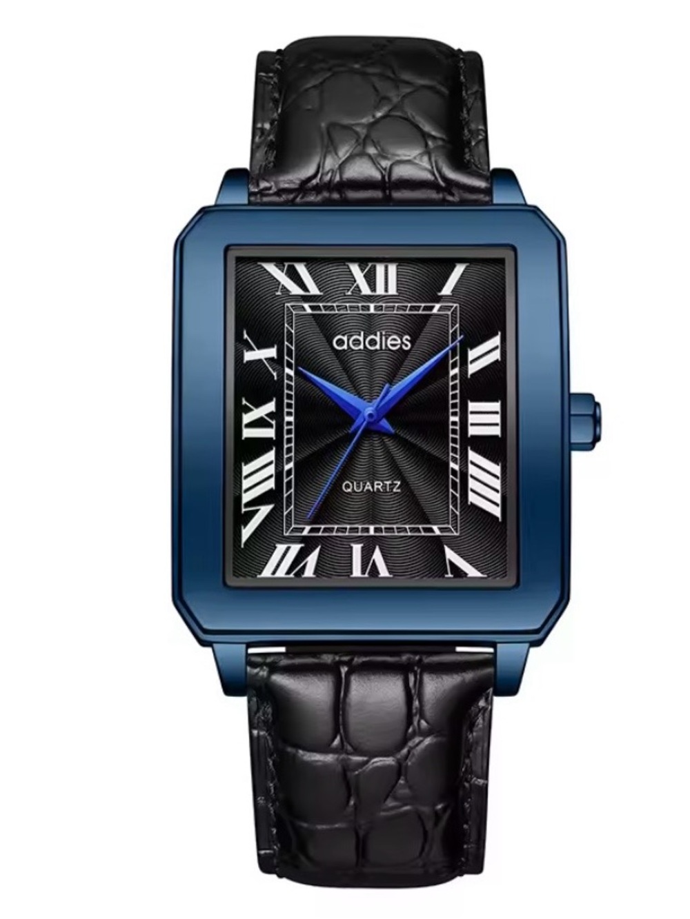 New Men's Blue Square Case Black Leather Strap Quartz Watch